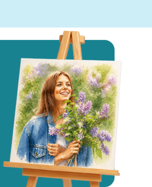 Hand-painted portrait on an easel